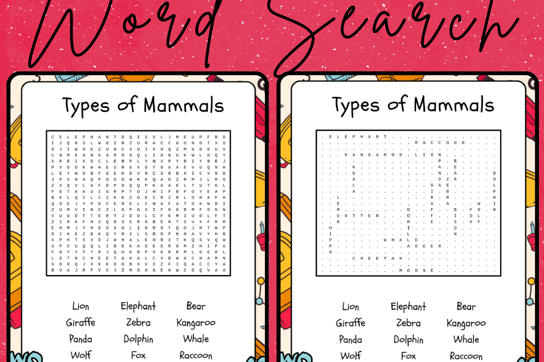Types of mammals word search puzzle activity.