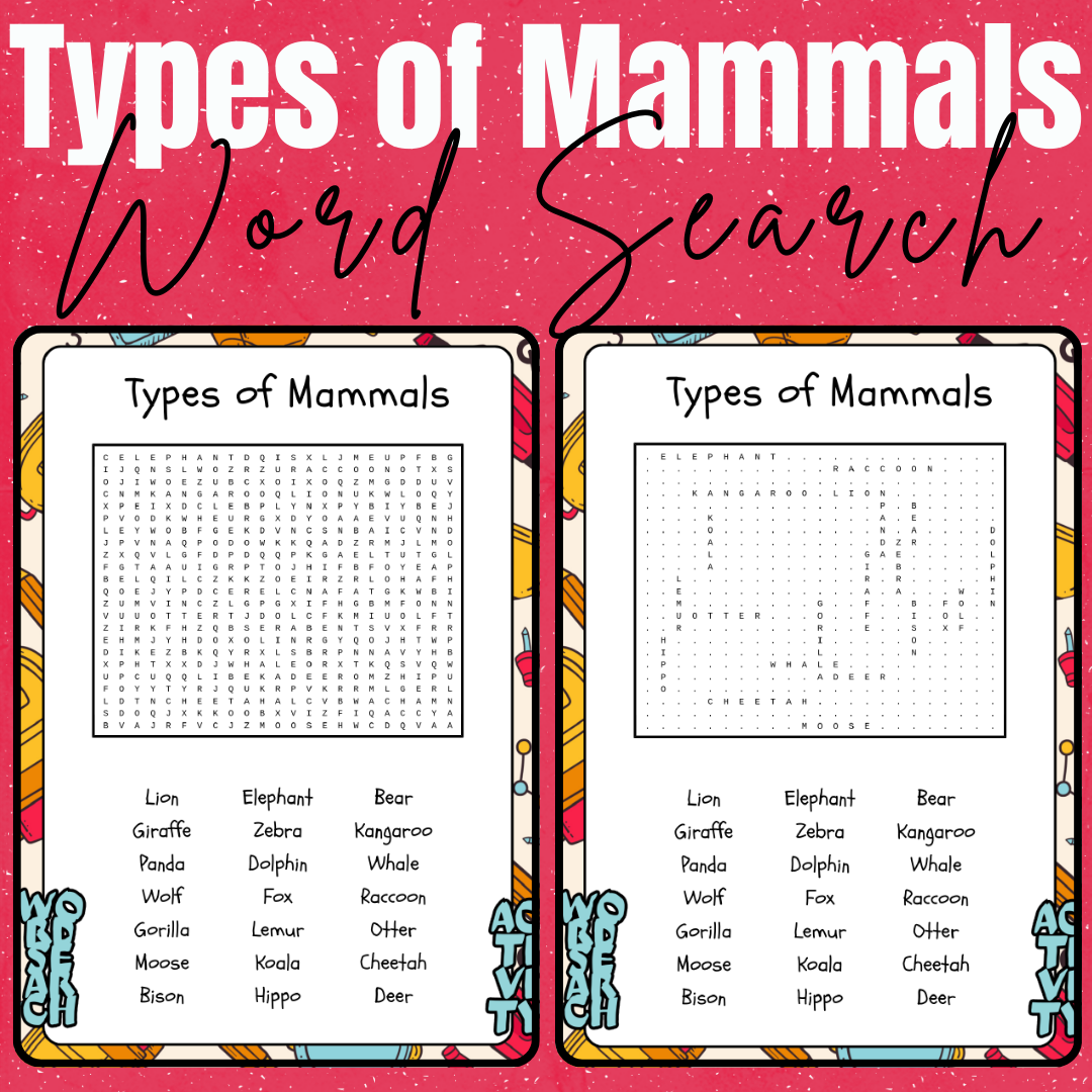 Types of mammals word search puzzle activity.