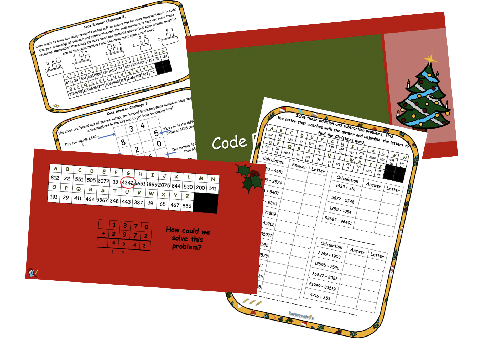 Christmas-themed maths code-breaking puzzles for kids