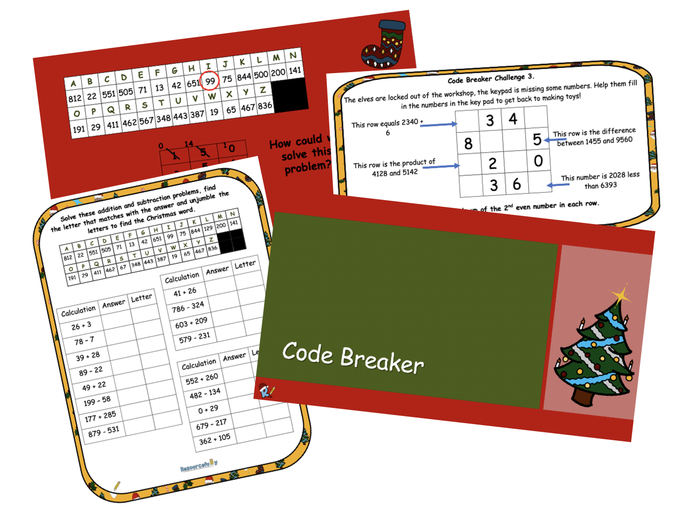 Christmas-themed maths code breaker activity sheets.