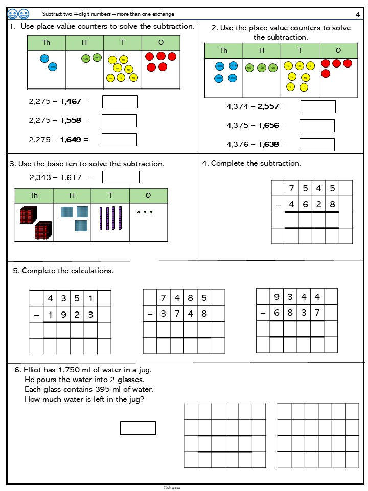 Maths worksheet on subtracting four-digit numbers.