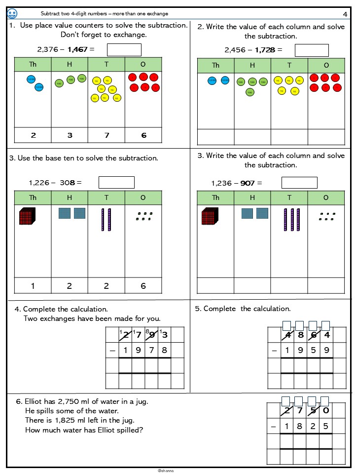 Math exercises on subtracting four-digit numbers with exchanges.