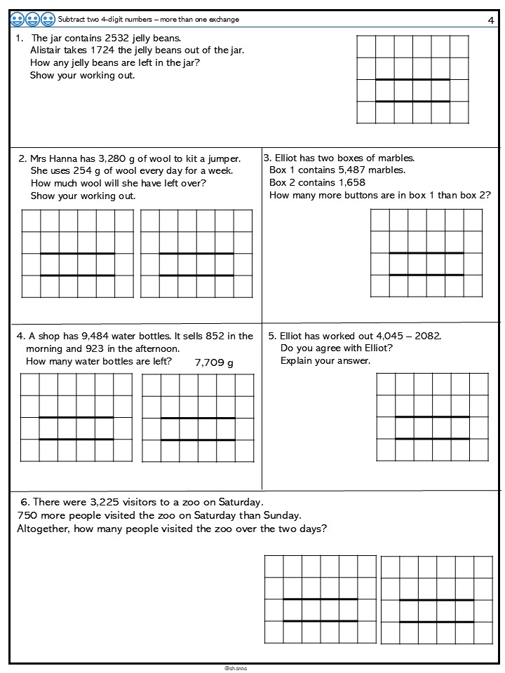 Math worksheet on subtracting four-digit numbers.