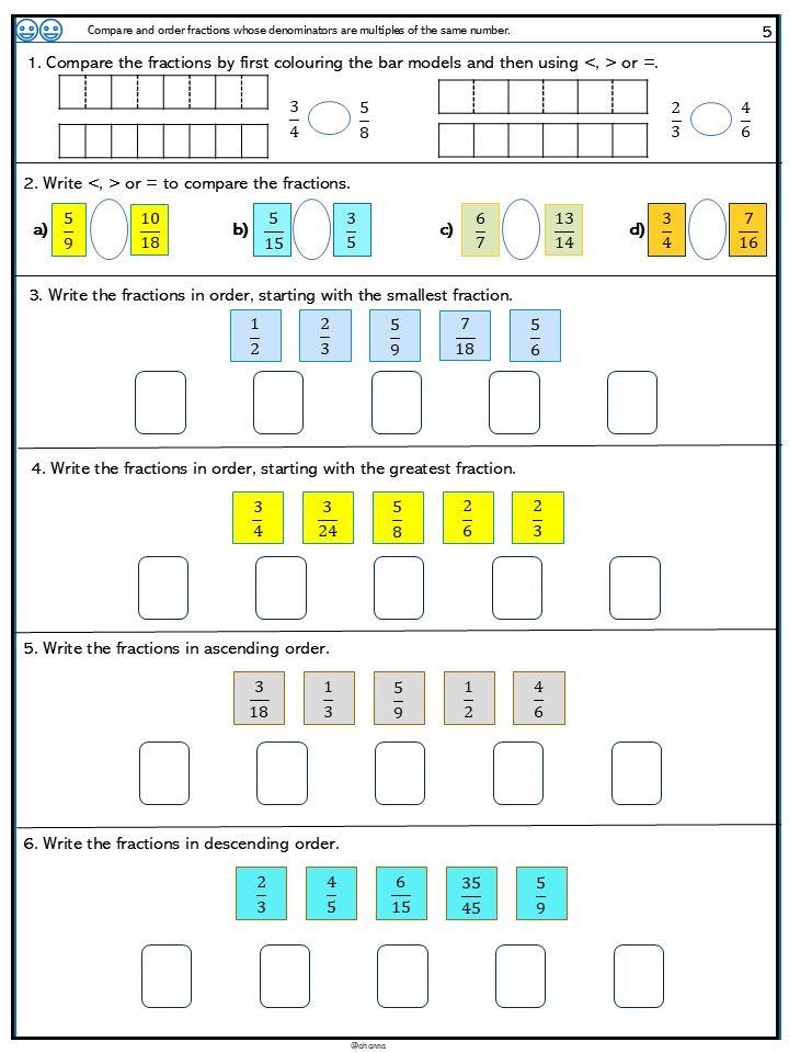 Worksheet on comparing and ordering fractions.