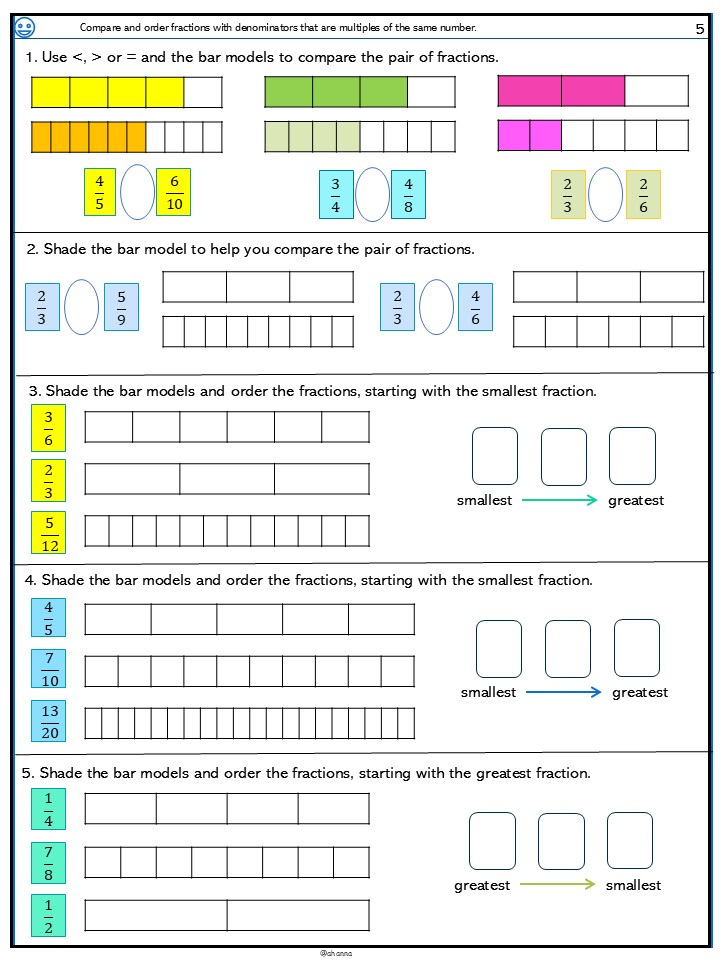 Fraction comparison and ordering worksheet with bar models.