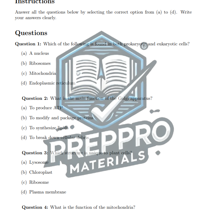 Biology multiple-choice questions image with PREPPRO logo.