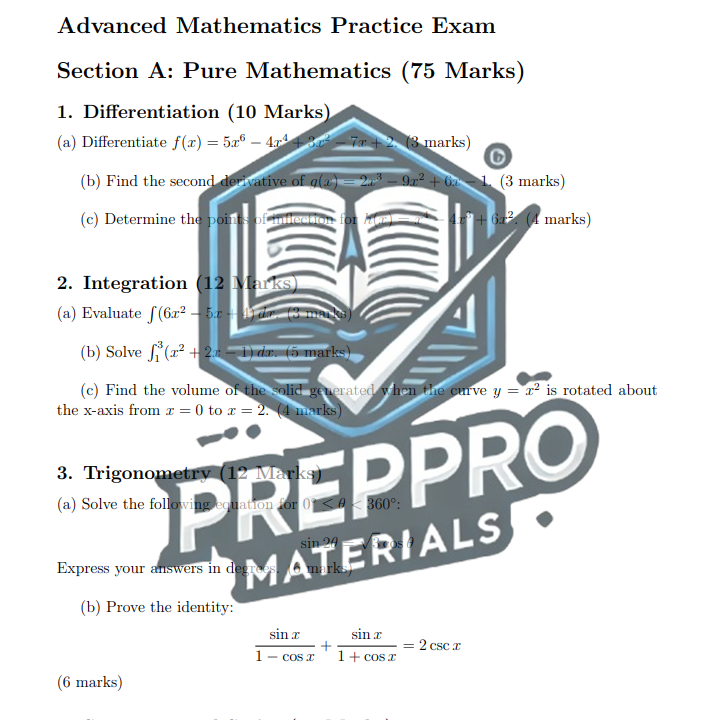 Advanced mathematics exam with differentiation and trigonometry questions.