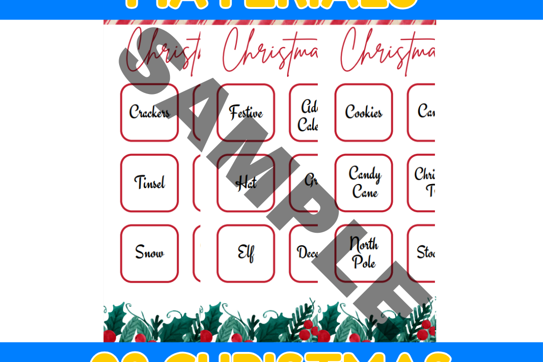 Christmas bingo cards with festive words.