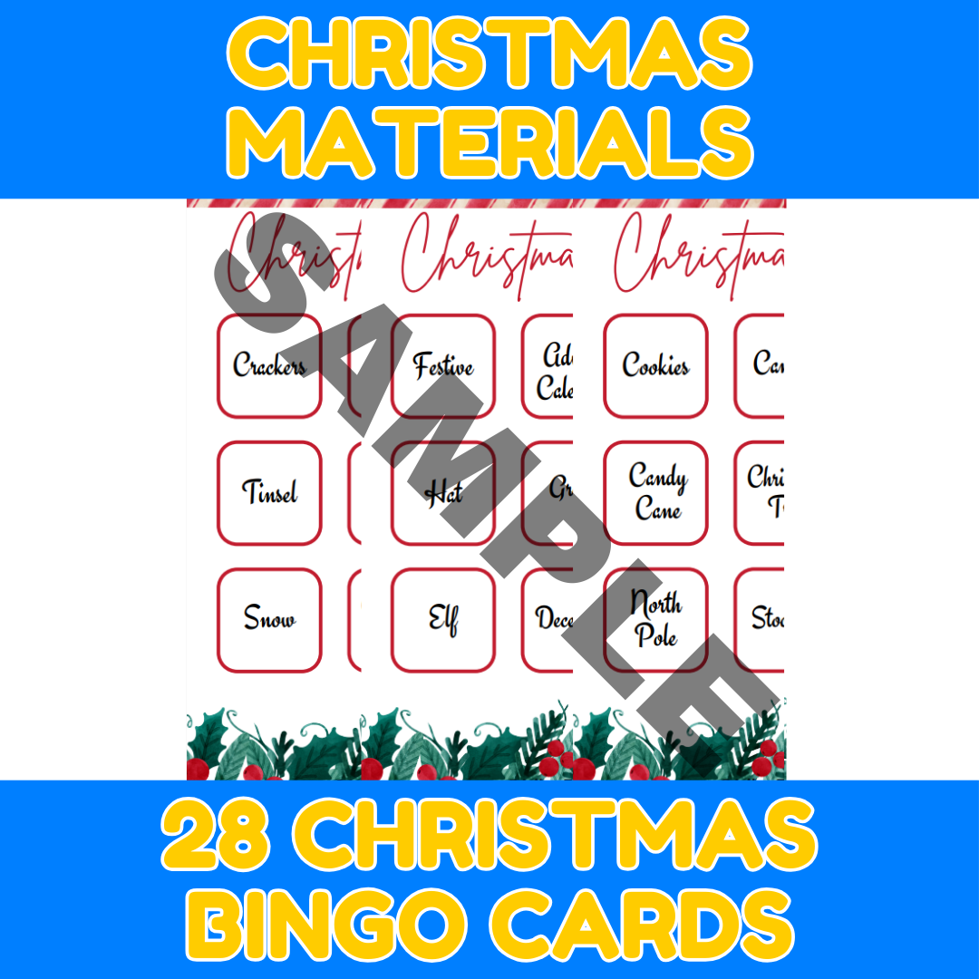 Christmas bingo cards with festive words.