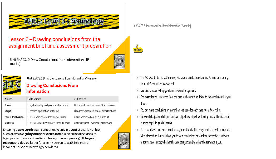 Criminology lesson on drawing conclusions and assessment tips.