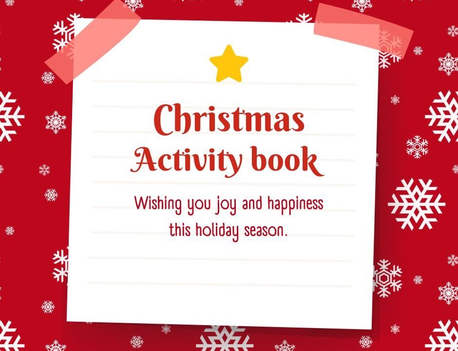 Christmas activity book with festive snowflakes design.