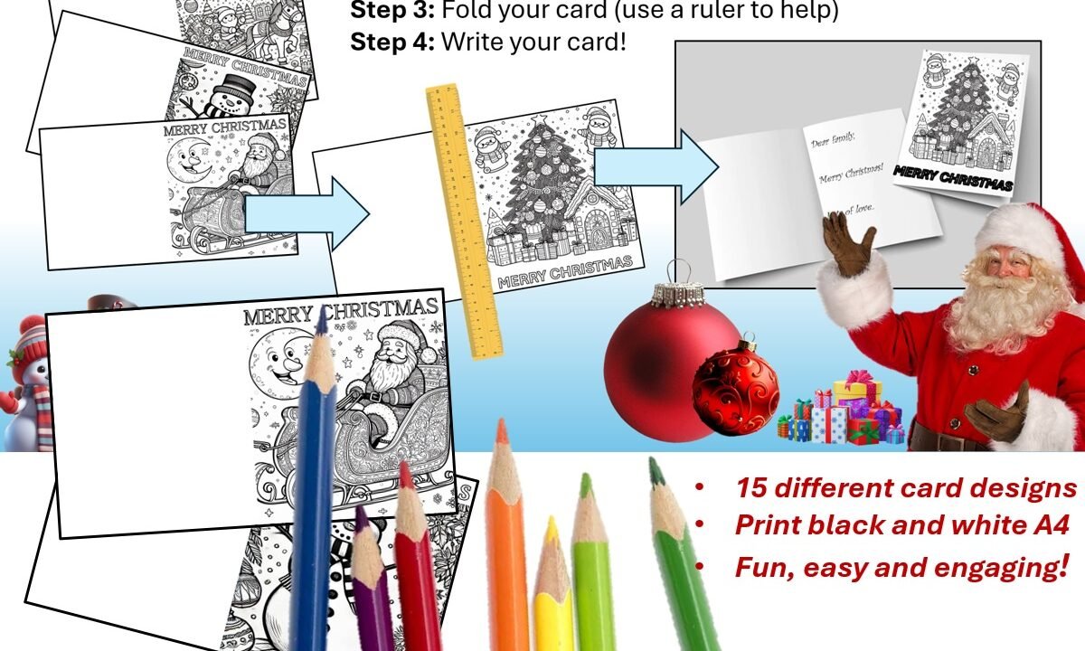 Christmas card colouring activity steps with Santa illustration.