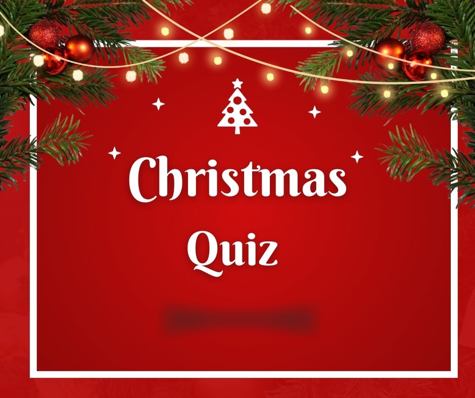 Christmas quiz invitation with festive decorations.