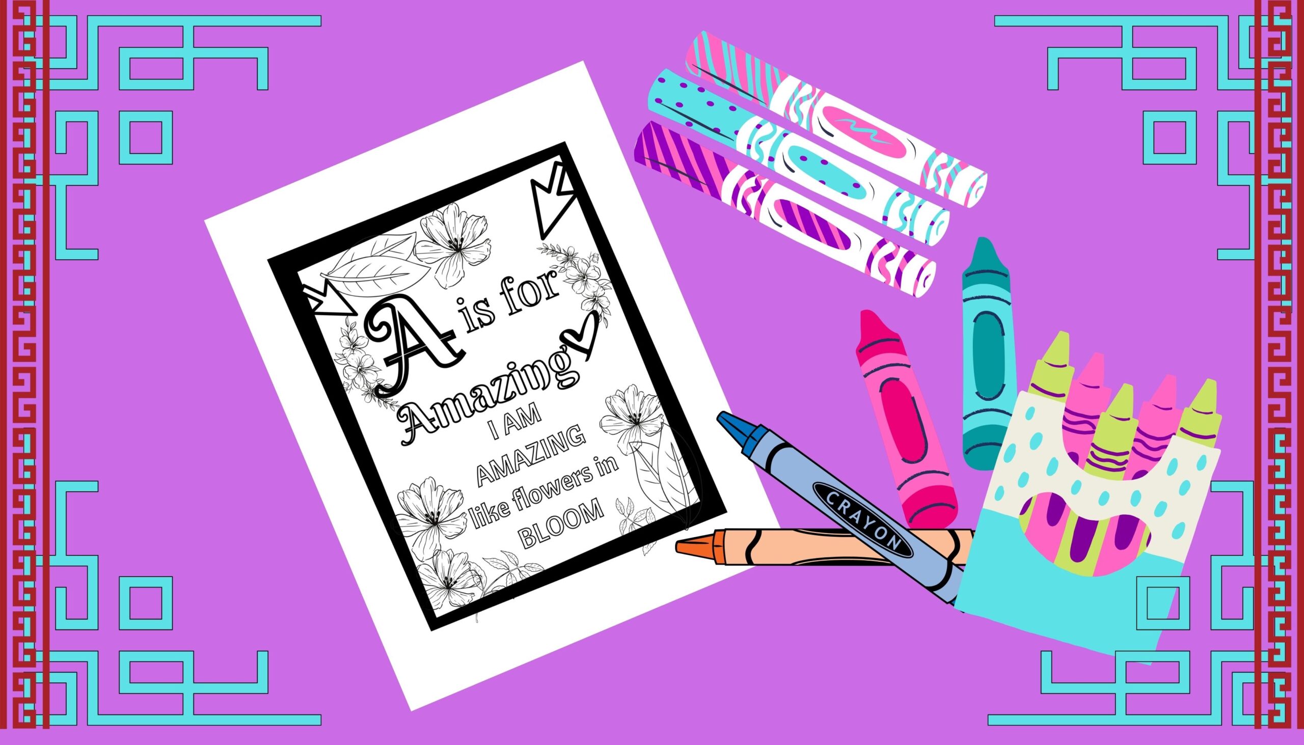 Colouring page with crayons, 'A is for Amazing'.