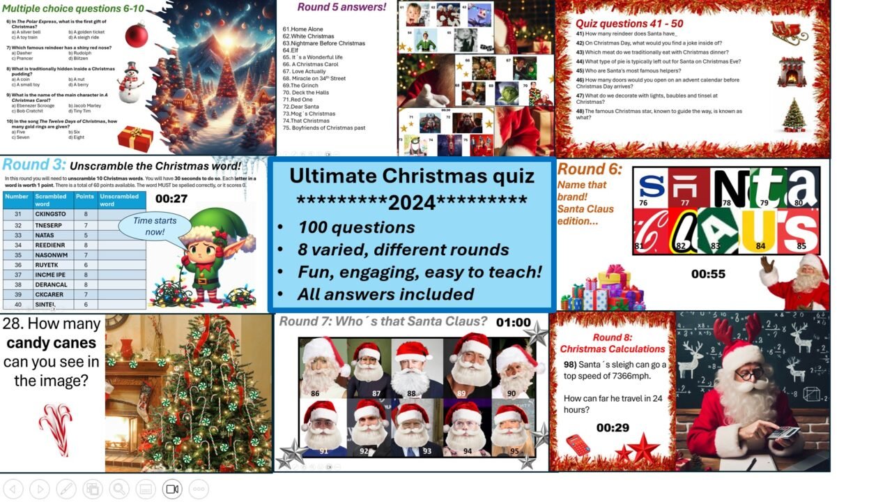Ultimate Christmas quiz with 100 varied questions and answers.