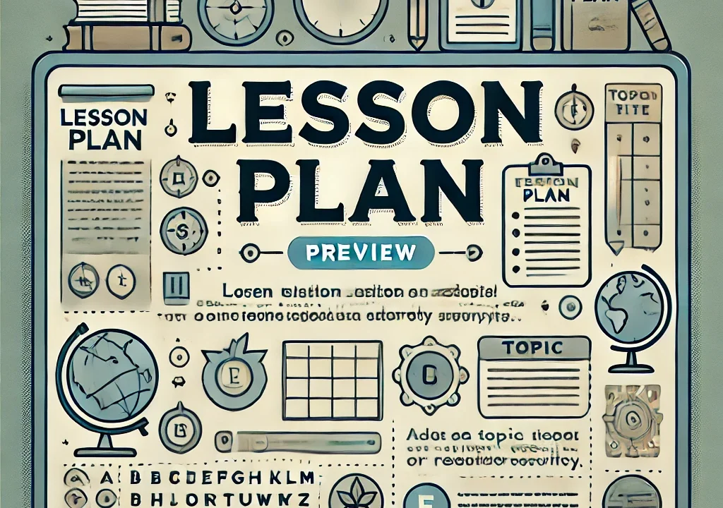 Illustrated lesson plan layout with educational icons.