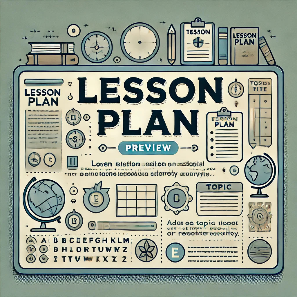 Illustrated lesson plan layout with educational icons.