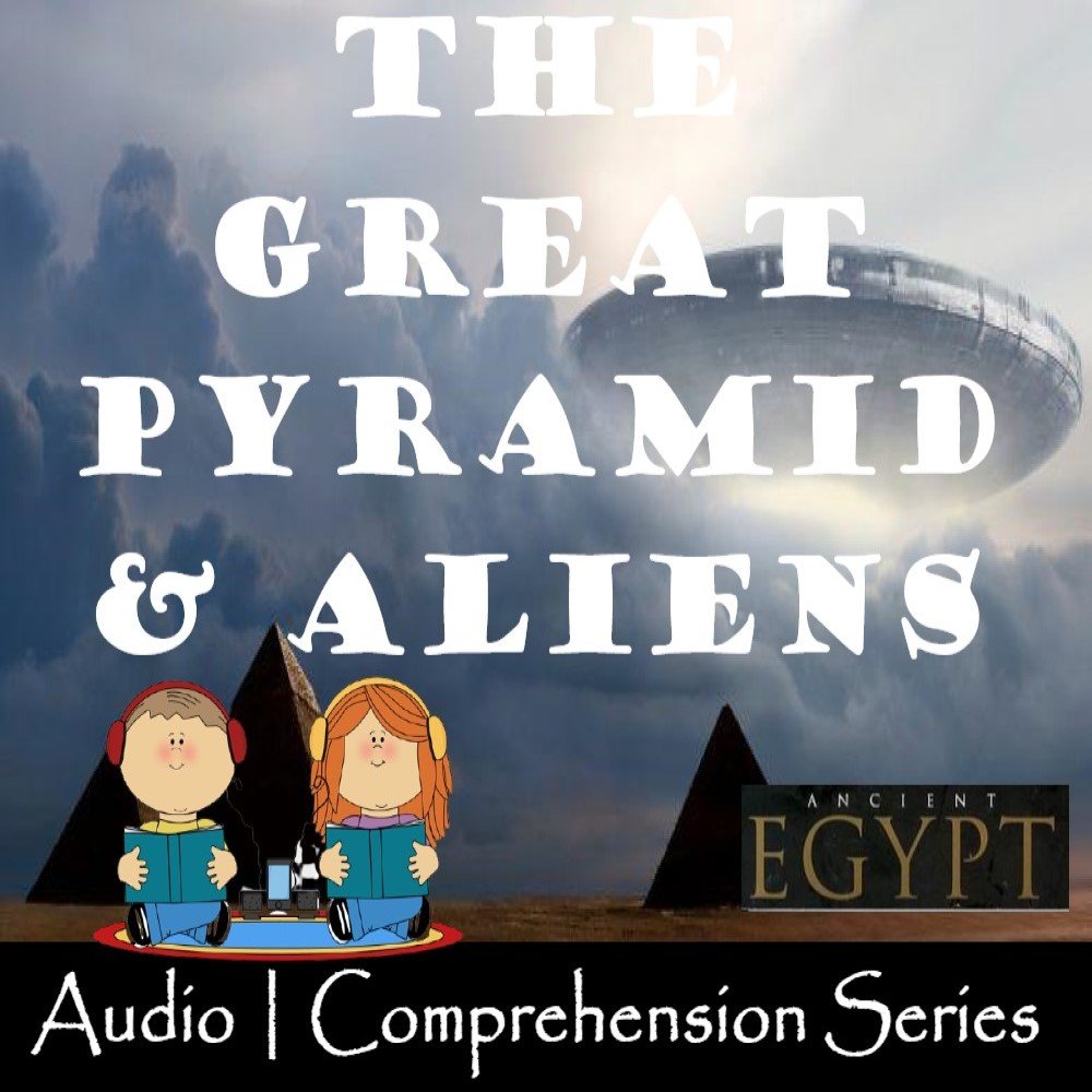 Pyramids, UFO, and children with books illustration