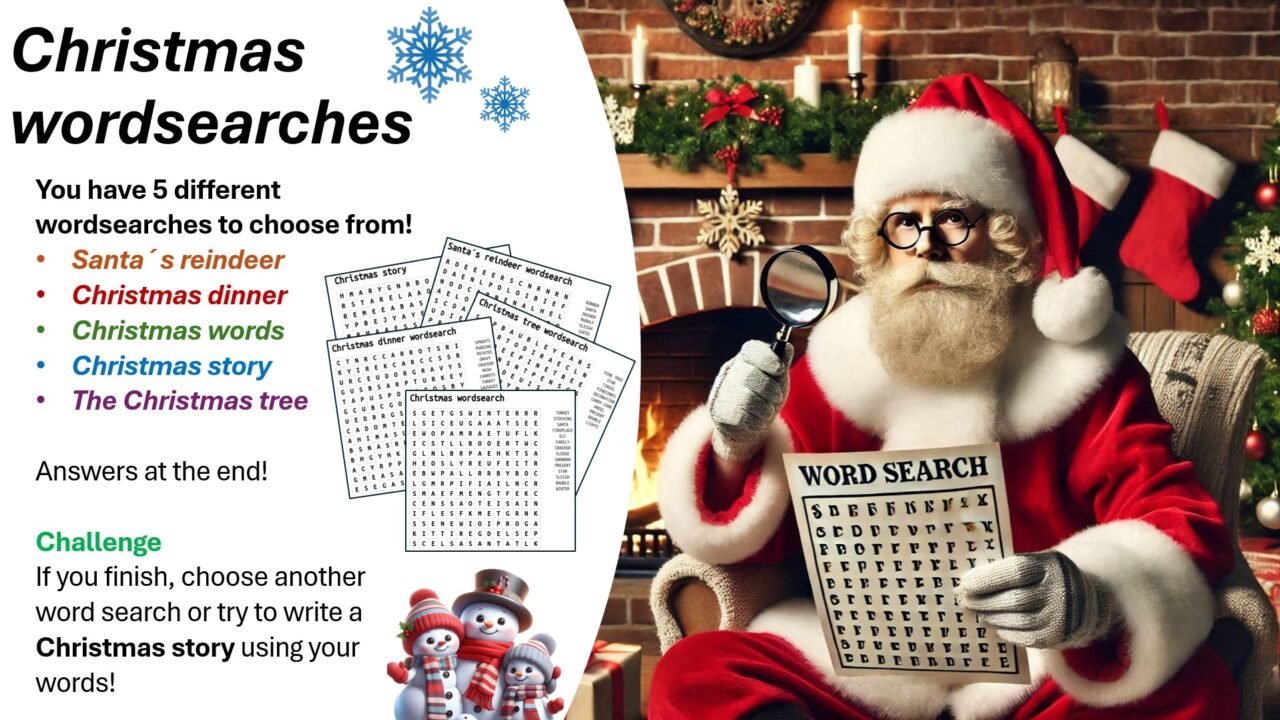 Santa holding Christmas word search puzzles by fireplace.