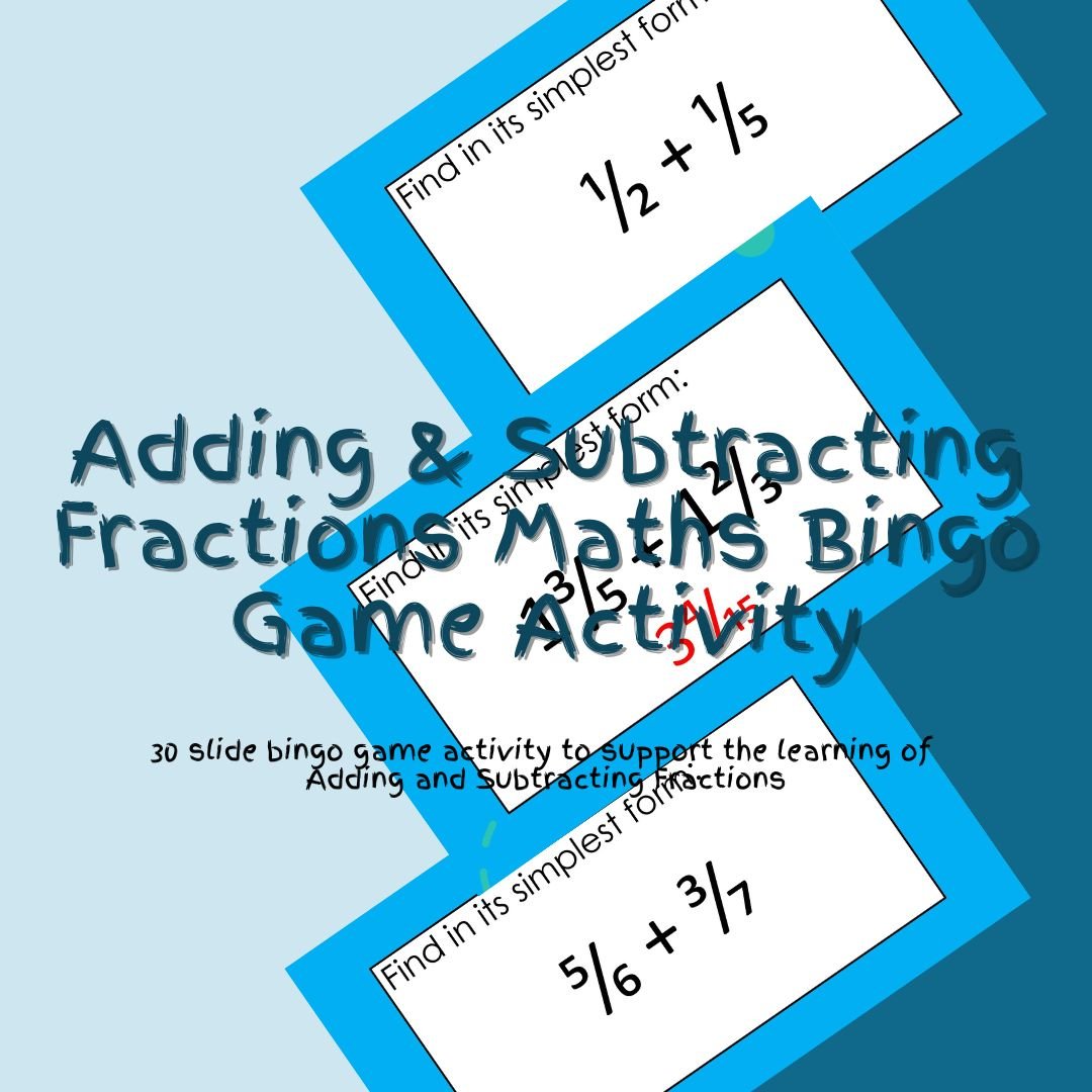 Adding subtracting fractions maths bingo game.