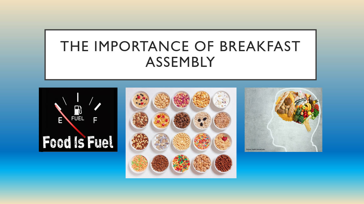 Breakfast assembly highlights food's fuel importance and choices.