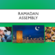 Ramadan assembly with prayer, lantern, and festive meal.
