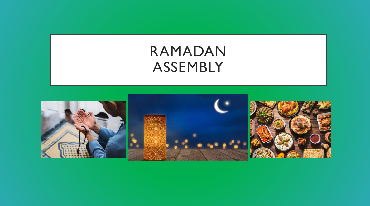 Ramadan assembly with prayer, lantern, and festive meal.