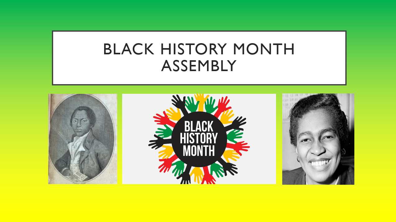 Black History Month Assembly with historical figures.