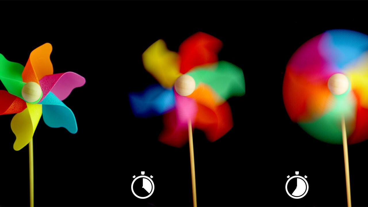 Colourful pinwheel showing motion blur progression.