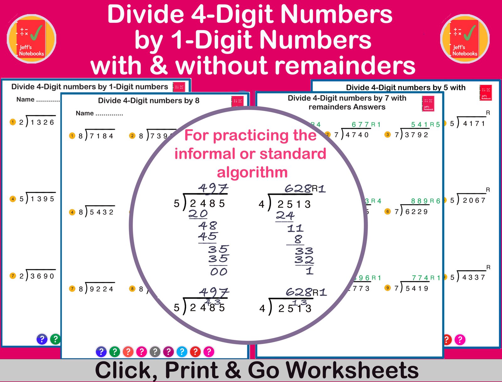 Divide 4-digit numbers worksheets with and without remainders.