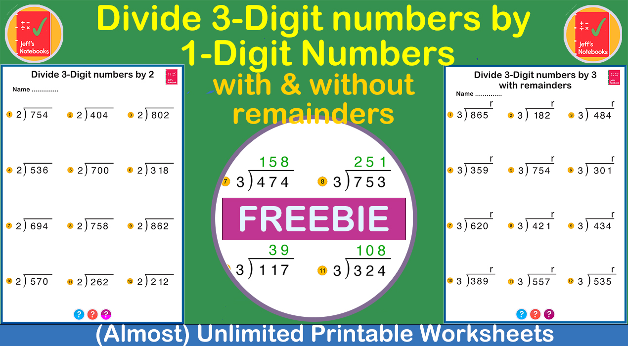 Printable worksheets for division of 3-digit numbers.