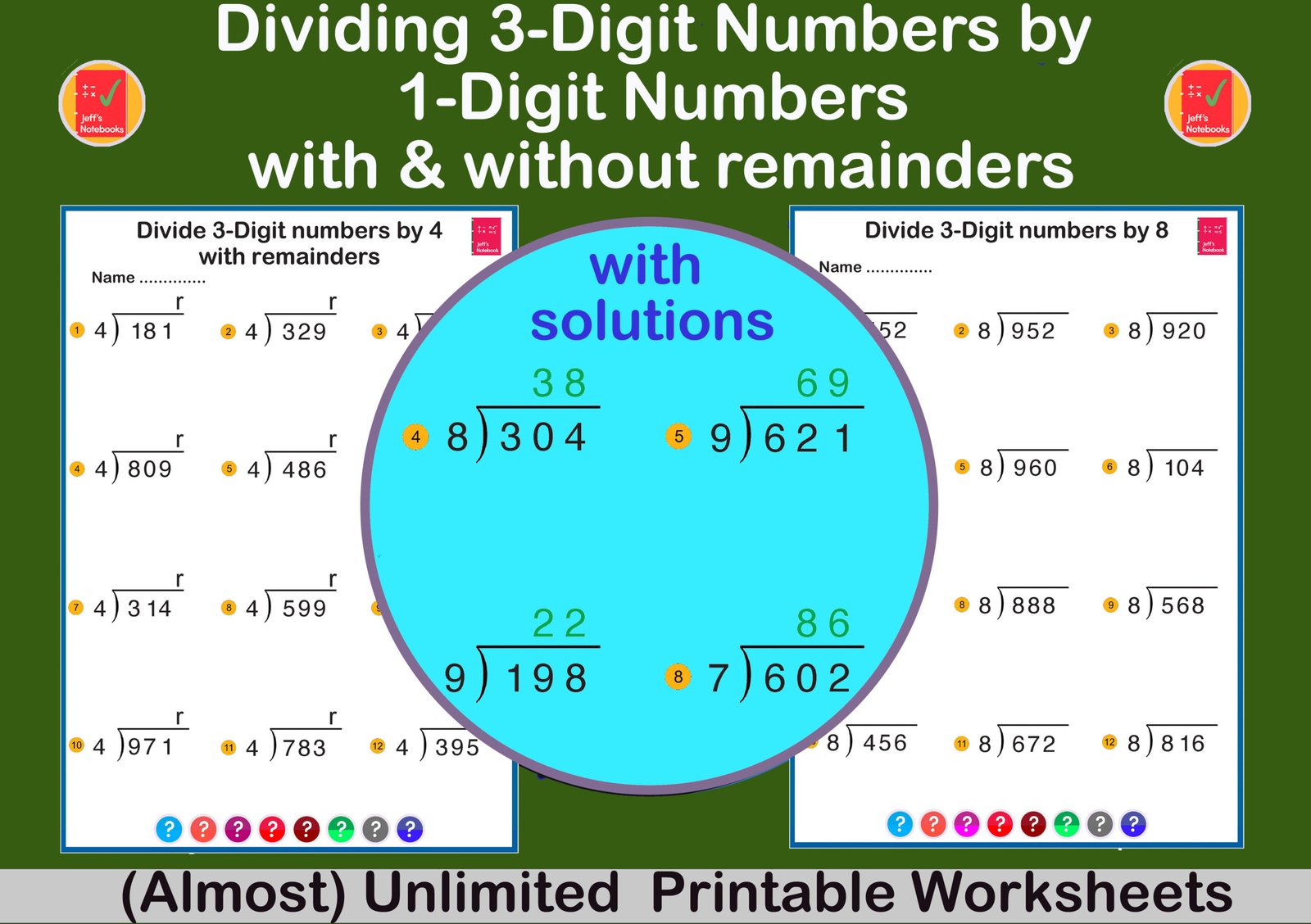 3-digit division worksheets with and without remainders.