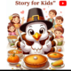 Cartoon turkey and kids celebrating Thanksgiving