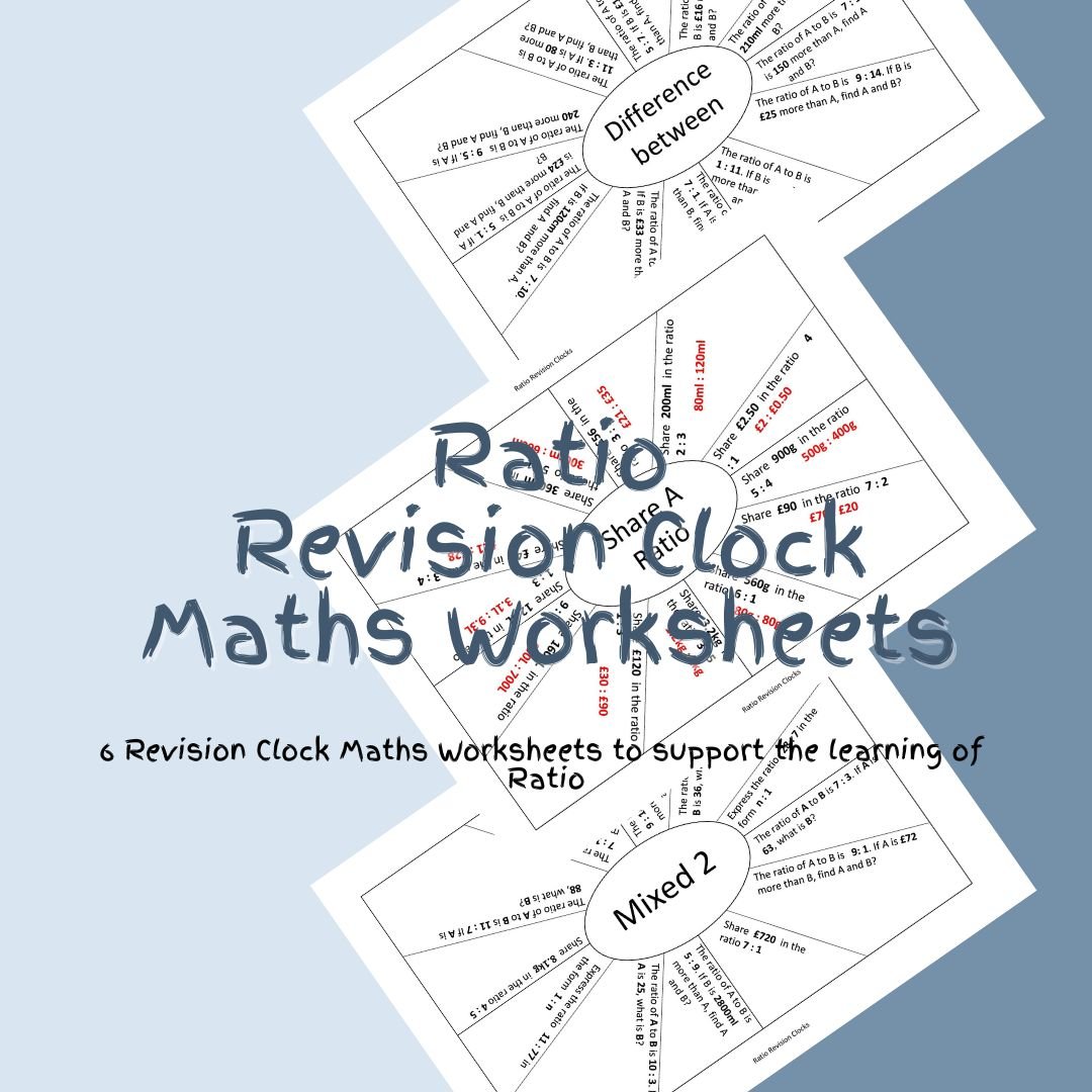 Ratio revision clock maths worksheets for learning.