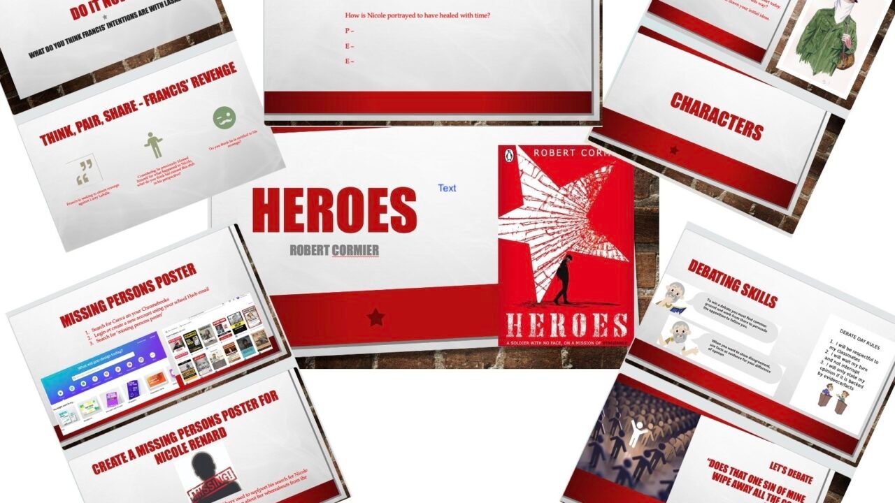 Collage of presentations on 'Heroes' by Robert Cormier.