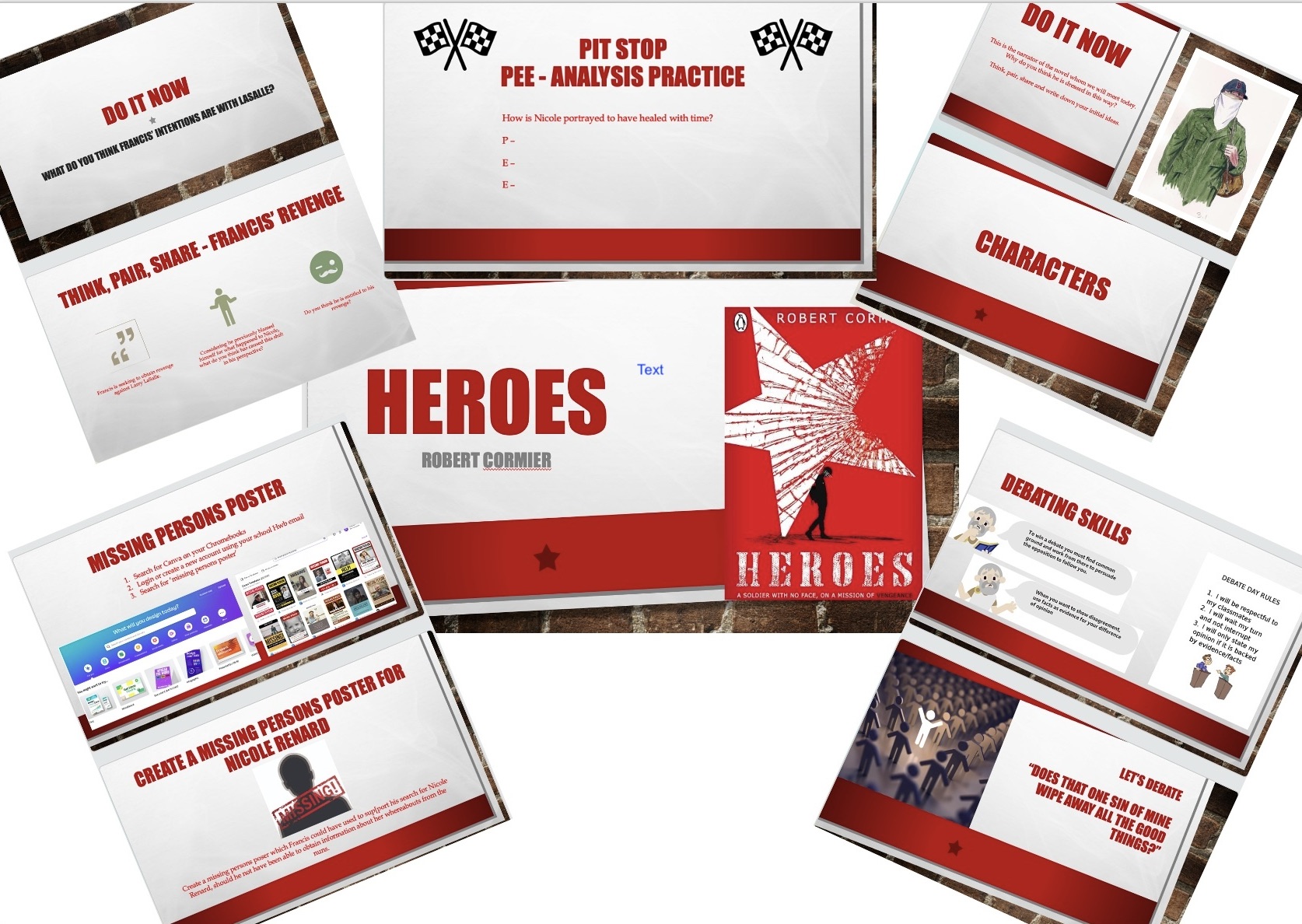 Collage of presentations on 'Heroes' by Robert Cormier.