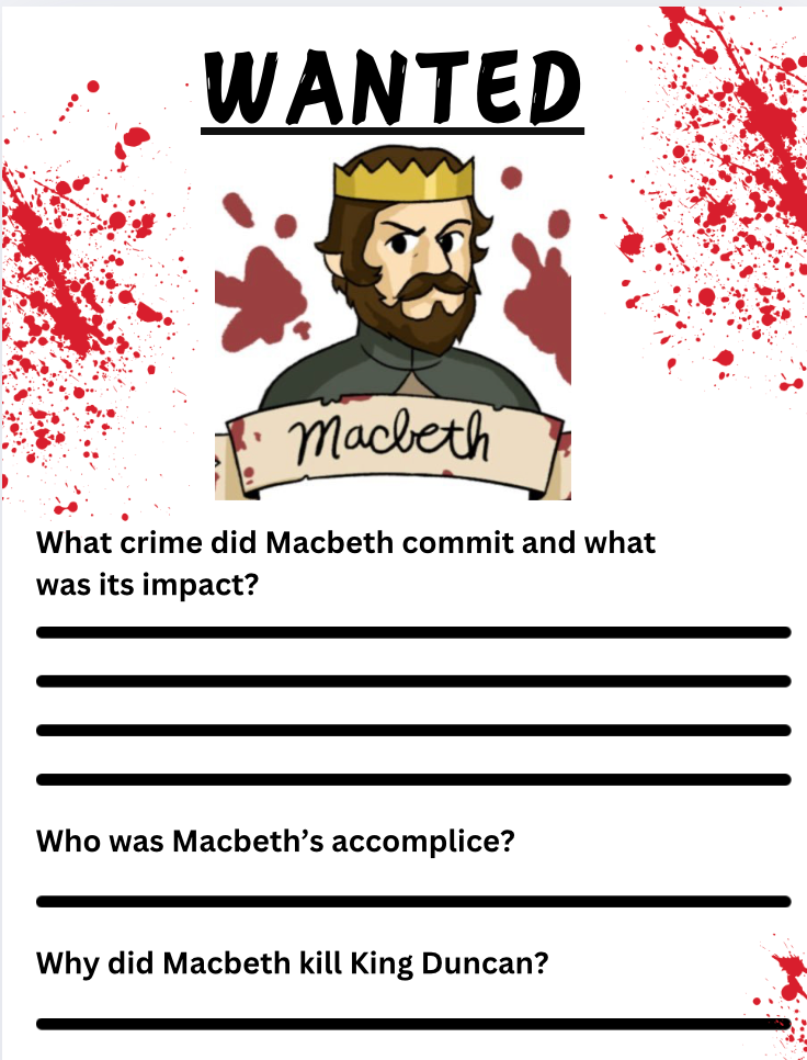 Wanted poster asking about Macbeth's crimes.