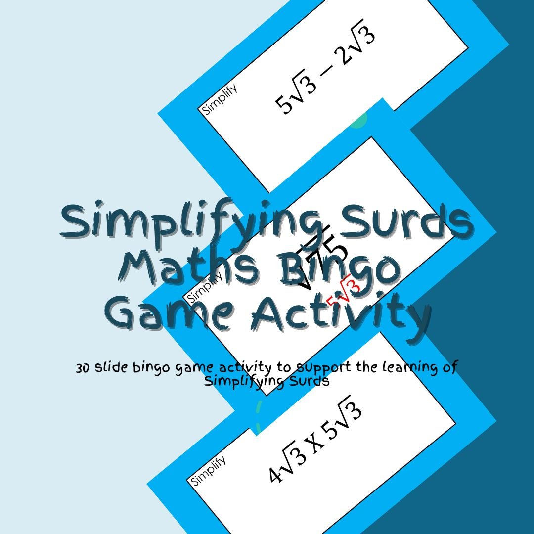 Simplifying surds maths bingo game activity.