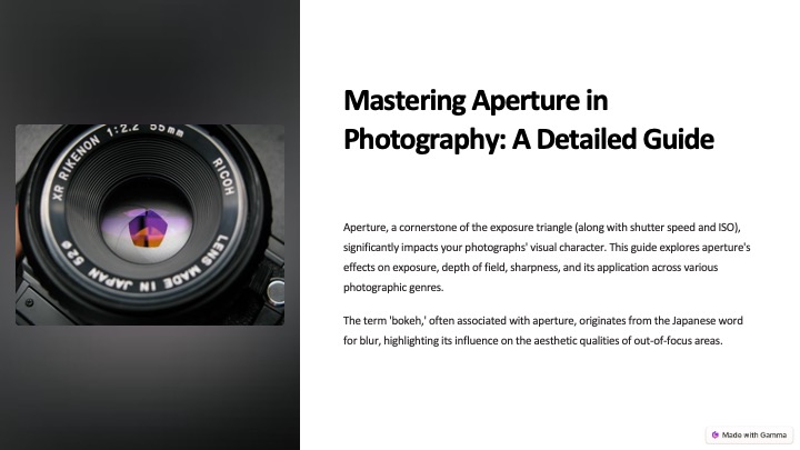 Close-up of camera lens with text on aperture guide.