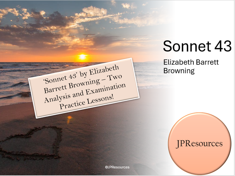 Sunset beach scene promoting Sonnet 43 lesson resources.