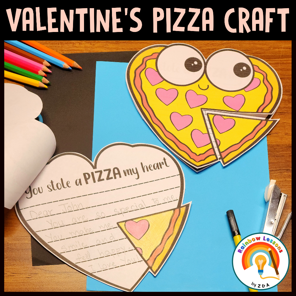 Heart-shaped Valentine's pizza craft with colourful pencils.