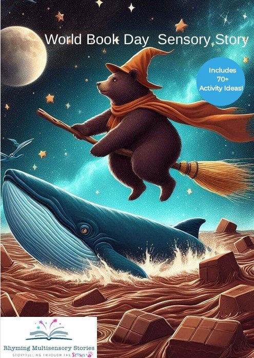 Bear wizard flying over whale on broomstick.