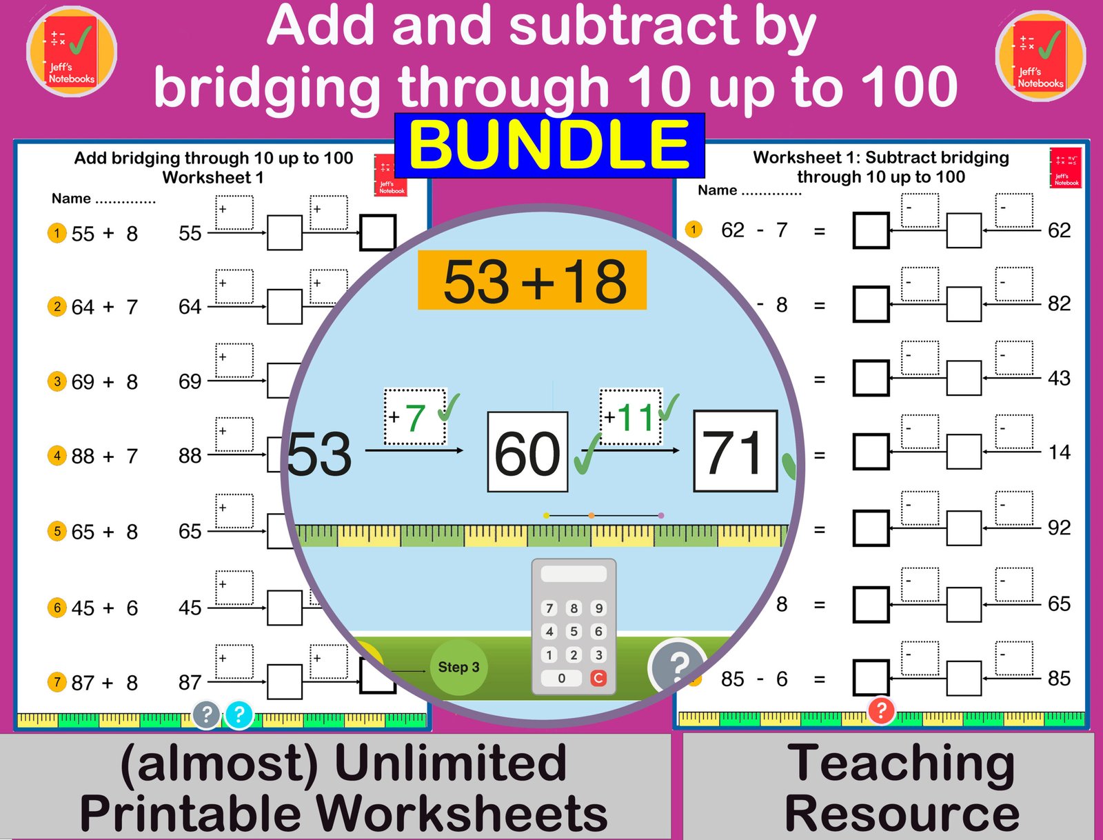 Add and subtract bridging worksheets bundle for maths.