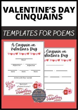 Valentine's Day cinquain poem templates with hearts.