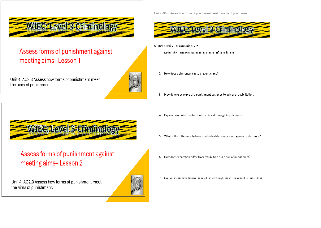 WJEC Criminology lessons on punishment assessment.