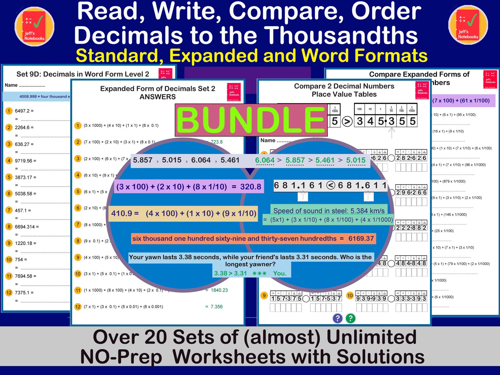 Decimal worksheets bundle for reading, writing, comparing.