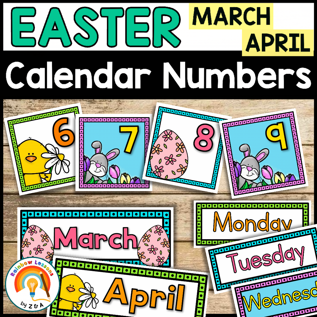 Easter calendar numbers with spring-themed designs.