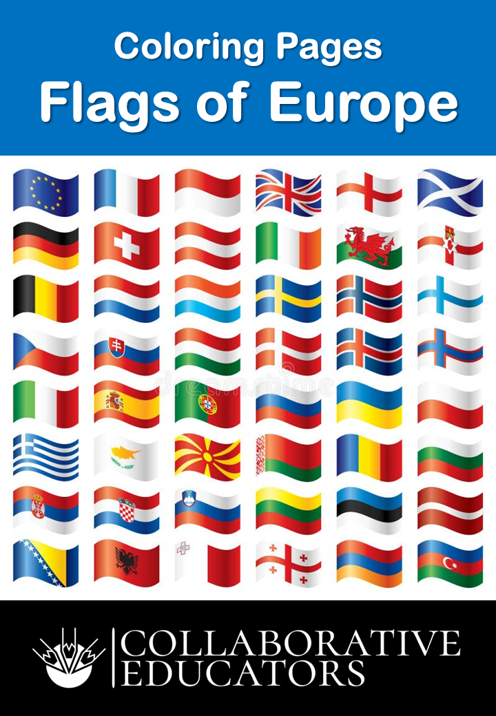 European flags colouring pages for educational use.