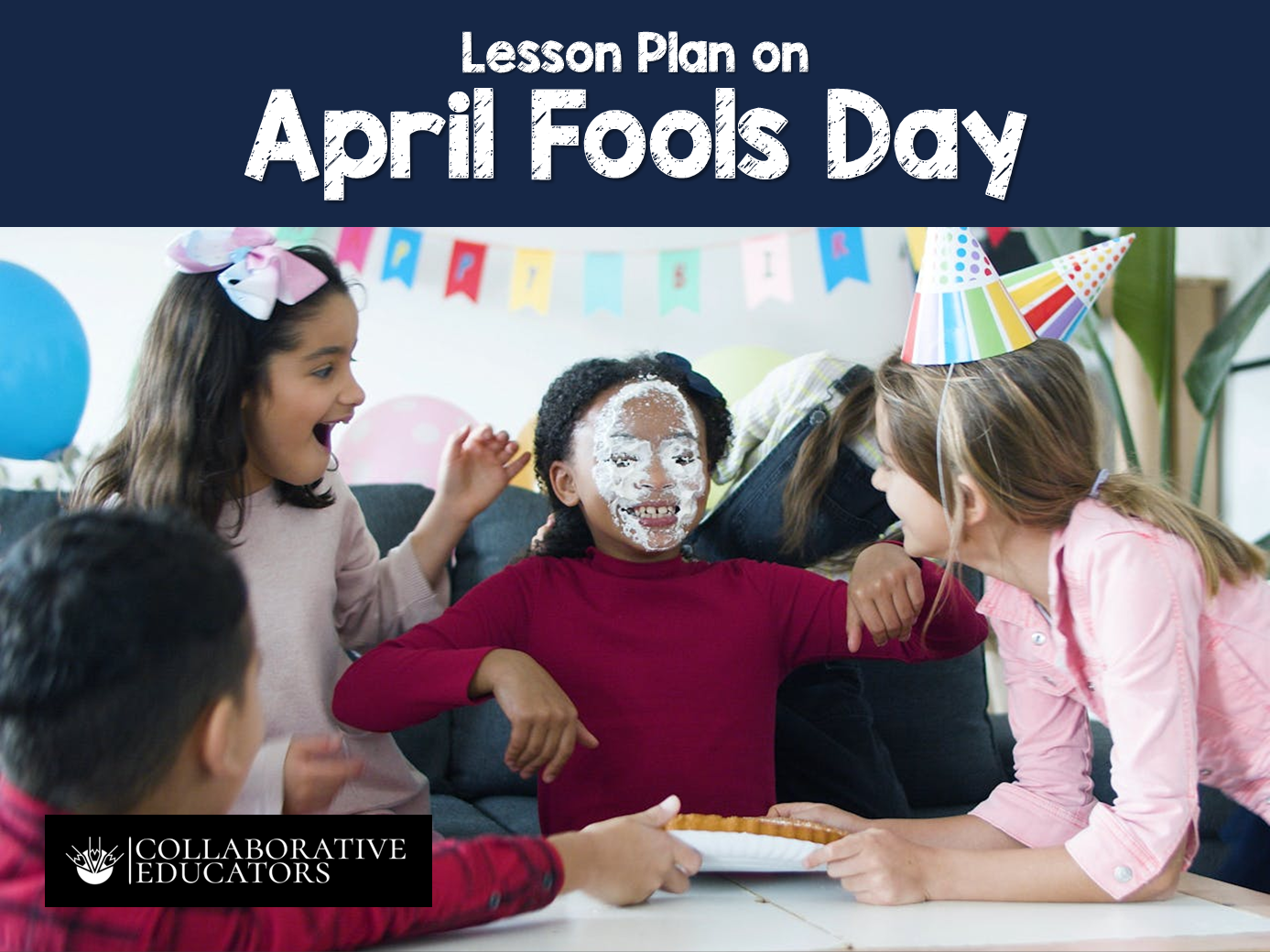 Children celebrating April Fools with cream pie prank.