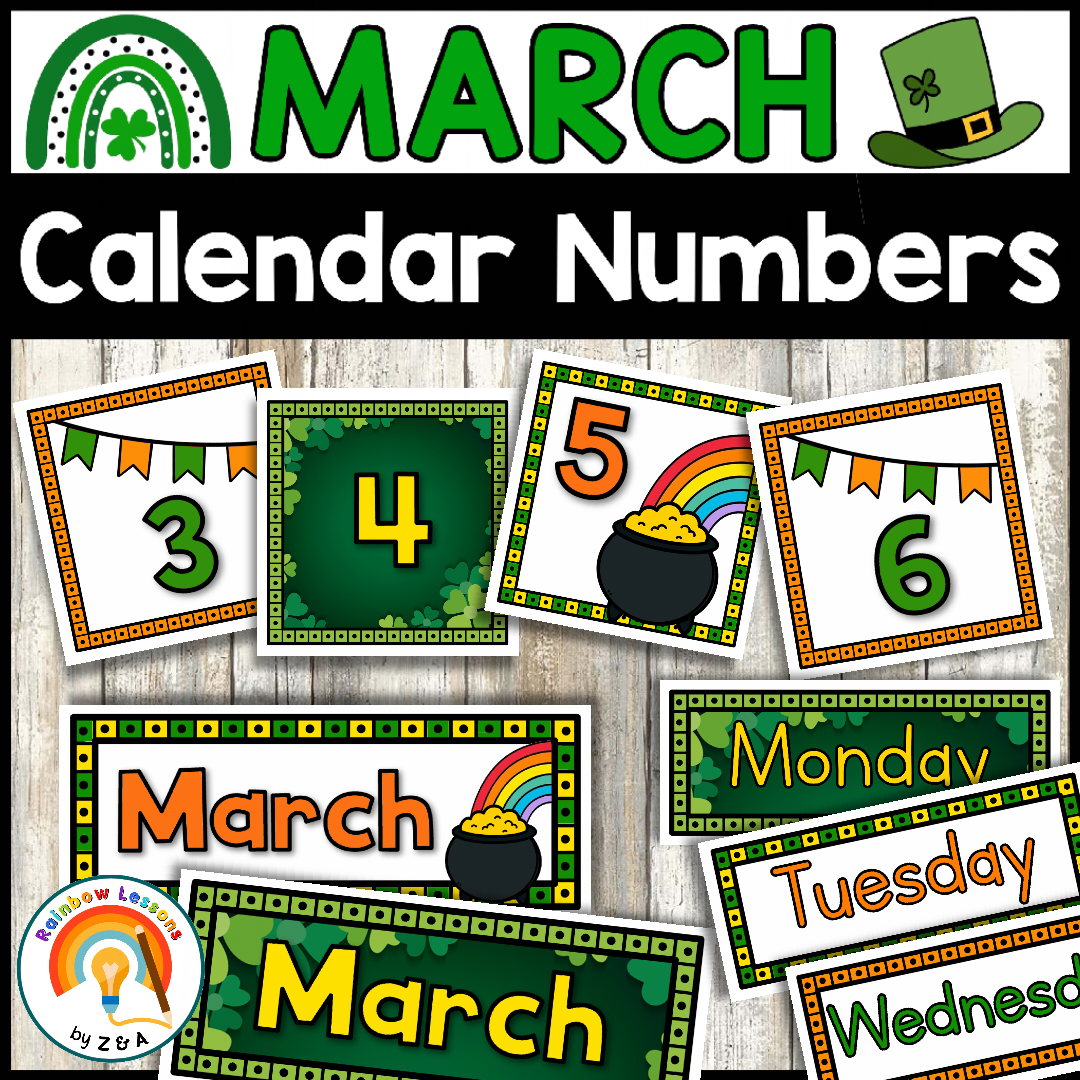 March calendar numbers with St. Patrick's Day theme.